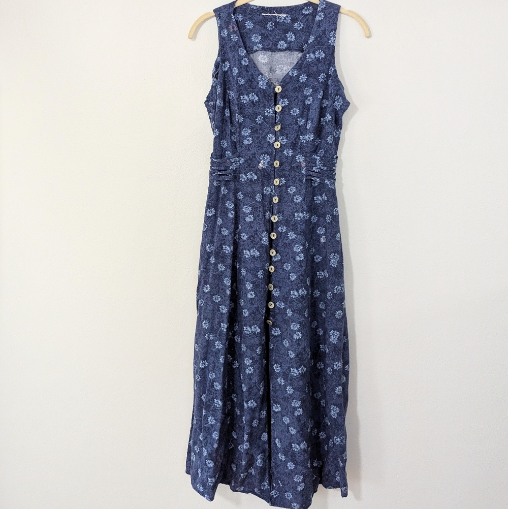Vintage Button Front Floral Maxi Dress Sleeveless Strappy Back Blue Small S